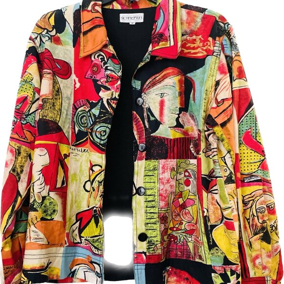 Picasso Cubism Modern Art VTG 80s Linen Jacket Kaktus Wearable Art Shacket Sz M - Picture 2 of 13